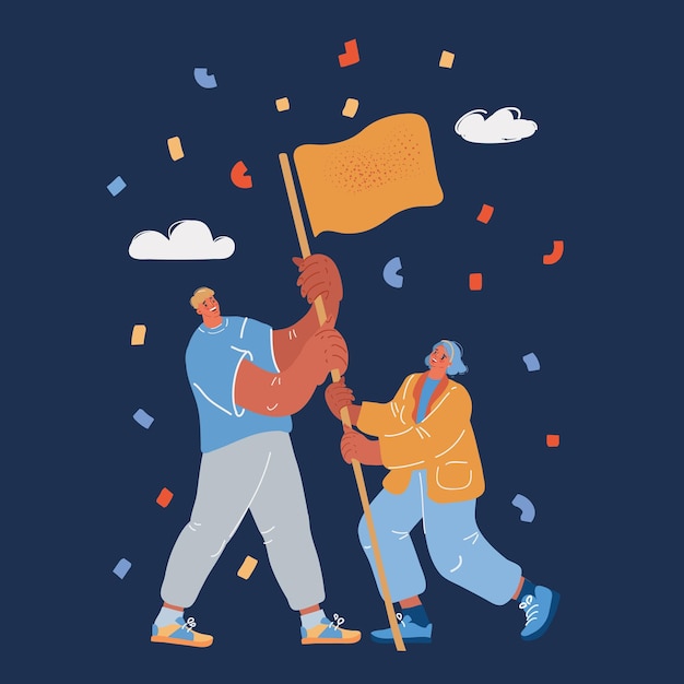 Ilustración vectorial de trabajo en equipo bandera de logro de objetivos como símbolo de éxito Hombre y mujer celebran en fondo oscuro