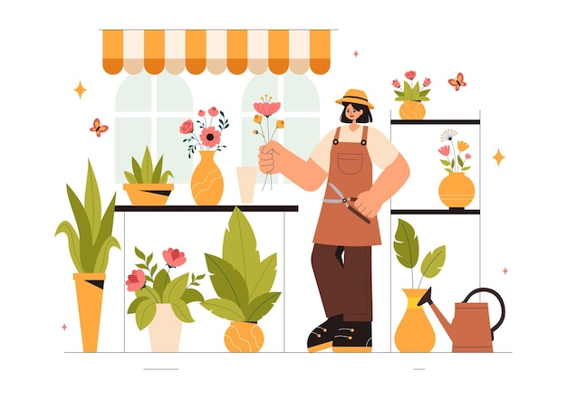 Ilustración vectorial de trabajo de floristas profesionales con una floristería creando hermosos ramos de regalos y comercio floral en un fondo de estilo plano