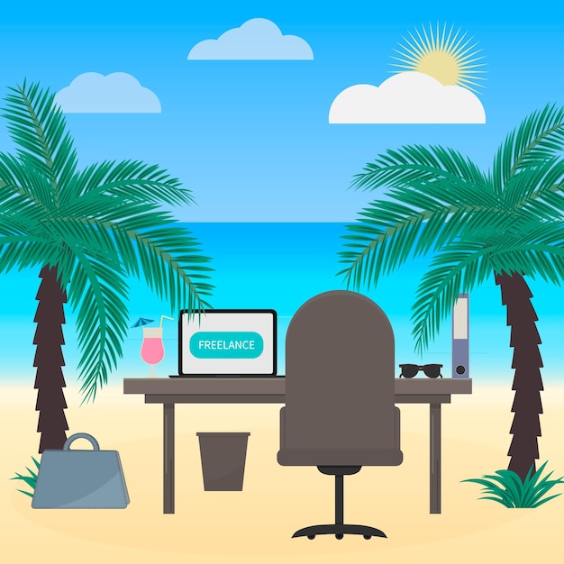 Ilustración vectorial de trabajo independiente en estilo plano Portátil y vaso de cóctel en la cubierta Lugar de trabajo de freelance Trabajar en una playa tropical Oficina junto al concepto del mar