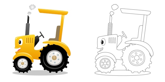 Ilustración vectorial del tractor amarillo divertido de dibujos animados libro para colorear o página para niños