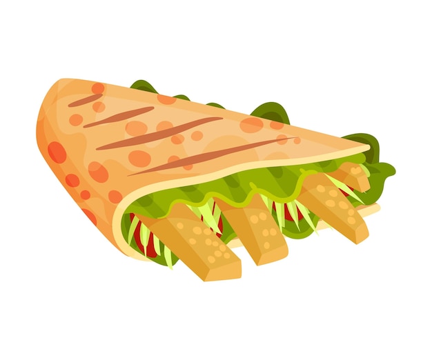 Ilustración vectorial tradicional de bocadillos de quesadilla Varios ingredientes envueltos en tortitas de granos múltiples Entrada mexicana rellena de carne y verduras