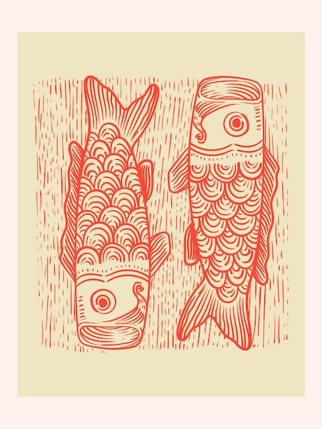 Ilustración vectorial tradicional japonesa de peces cometa Ornamento de peces koi de época