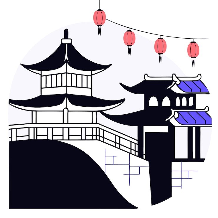 Vector ilustración vectorial tradicional de la pagoda asiática diseño gráfico imprimible vibrante y detallado