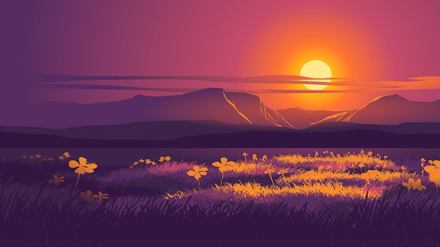 Ilustración vectorial de tranquila puesta de sol sobre pradera con montañas