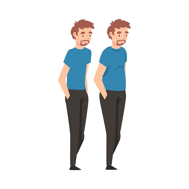 Ilustración vectorial de transformación del cuerpo masculino de un joven antes y después de la pérdida de peso