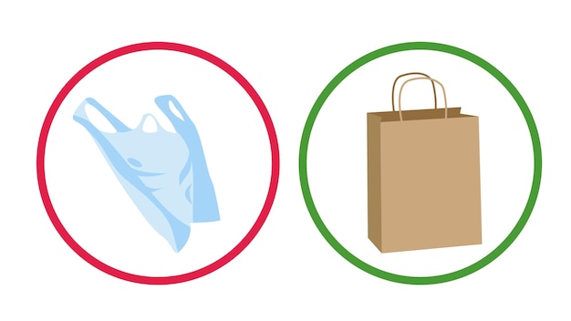 Ilustración vectorial para el transporte internacional de bolsas de papel biodegradable en blanco contra bolsas de plástico biodegradables