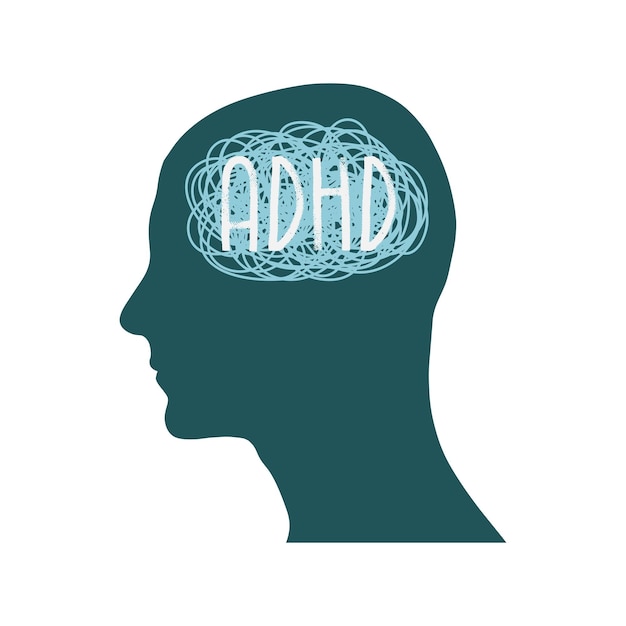 Ilustración vectorial del trastorno de atención del TDAH de humanos silueta de la cabeza con líneas desordenadas de piensa Icono de trastorno mental