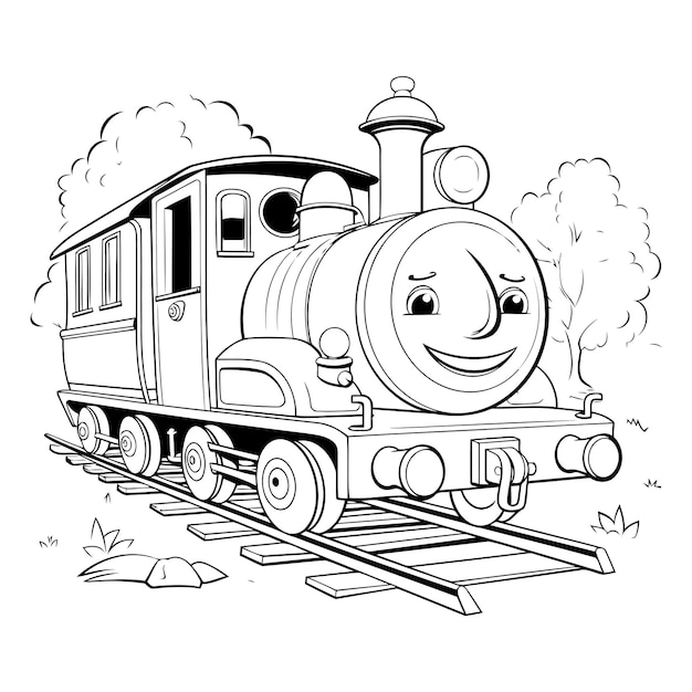Ilustración vectorial de un tren de dibujos animados con una cara sonriente Libro de colorear para niños