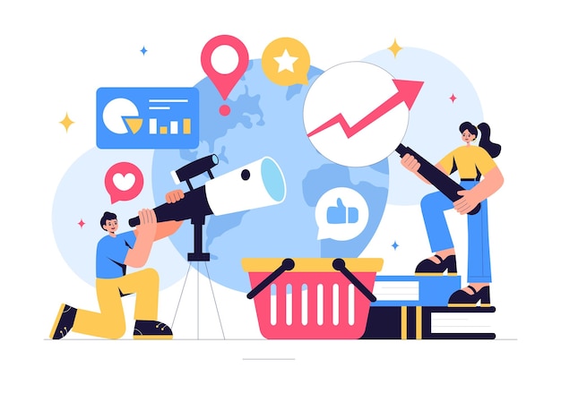 Ilustración vectorial de Trend Watcher con un especialista monitoreando tendencias comerciales emergentes y administrando proyectos en un fondo de dibujos animados de estilo plano