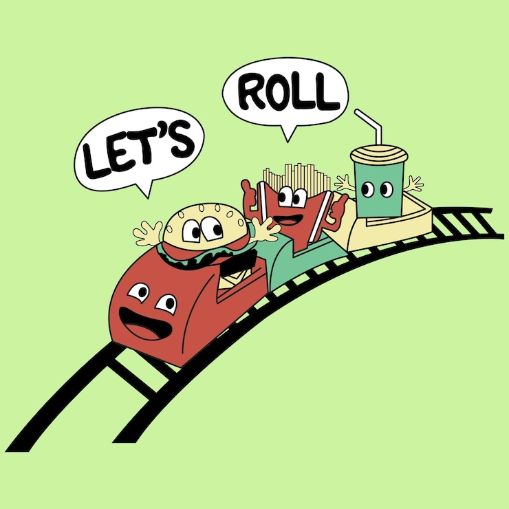 Vector ilustración vectorial de trenes de comida rápida y fondo colorido