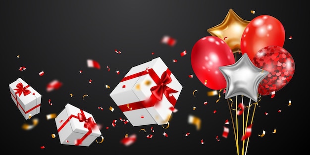 Vector ilustración vectorial con tres cajas de regalo blancas con cintas y lazos rojos, globos dorados y plateados y pequeñas piezas borrosas de serpentinas sobre fondo negro