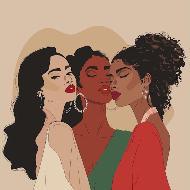 Ilustración vectorial de tres chicas negras en postura dinámica generada