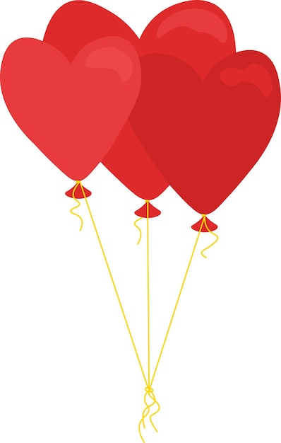 Ilustración vectorial de tres corazones de globo en una cuerda dorada Globos de corazón de helio voladores rojos