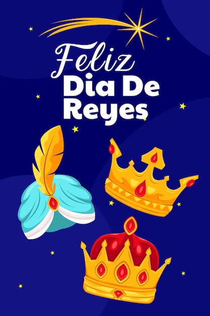 Vector ilustración vectorial de tres coronas de rey que dicen feliz dia de reyes