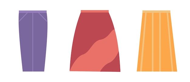 Ilustración vectorial de tres faldas en púrpura rojo y naranja perfecta para diseños de moda de moda elementos esenciales del armario y colecciones de ropa
