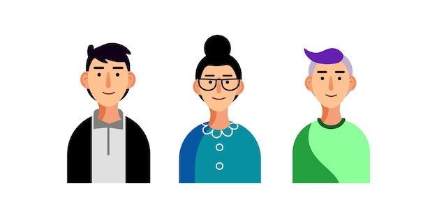 Ilustración vectorial de tres personas un hombre con un traje formal con flequillo de moda una mujer de mediana edad con gafas y un moño un tipo con flequillo emo púrpura estilo dibujado para negocios y publicidad