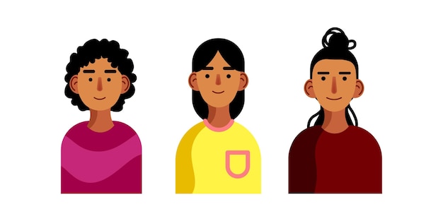 Ilustración vectorial de tres personas, tres chicas morenas, una con el pelo rizado y un vestido rojo, la segunda con un bob en una camiseta amarilla, la tercera con rastas, estilo dibujado para negocios