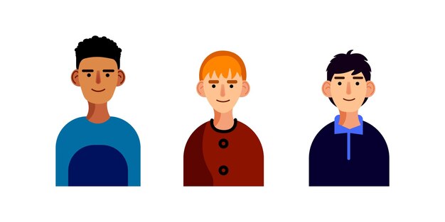 Ilustración vectorial de tres personas tres chicos el primero es moreno con rizos el segundo con cabello naranja el tercero con cabello sin estilo en una camisa azul estilo dibujado para negocios y publicidad