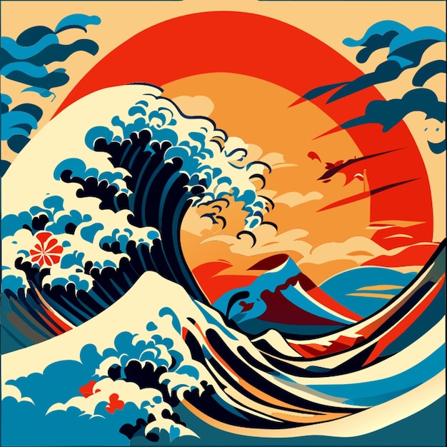 Vector ilustración vectorial del tsunami y el sol