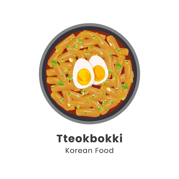 Ilustración vectorial de tteokbokki comida callejera tradicional asiática pasteles de arroz fritos coreanos