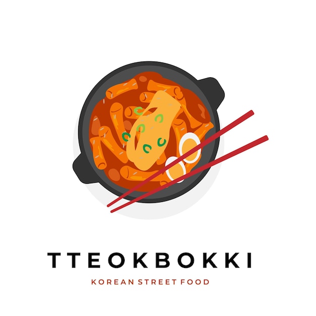 Ilustración vectorial de tteokbokki completo con queso y huevo en una olla caliente