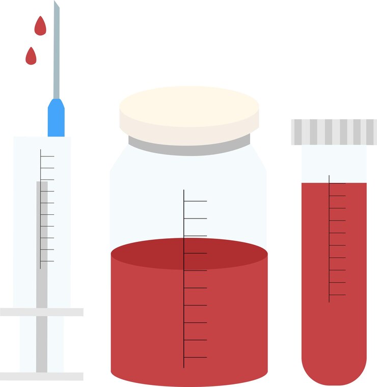 Vector ilustración vectorial del tubo de ensayo de sangre de la jeringa y el frasco de plasma