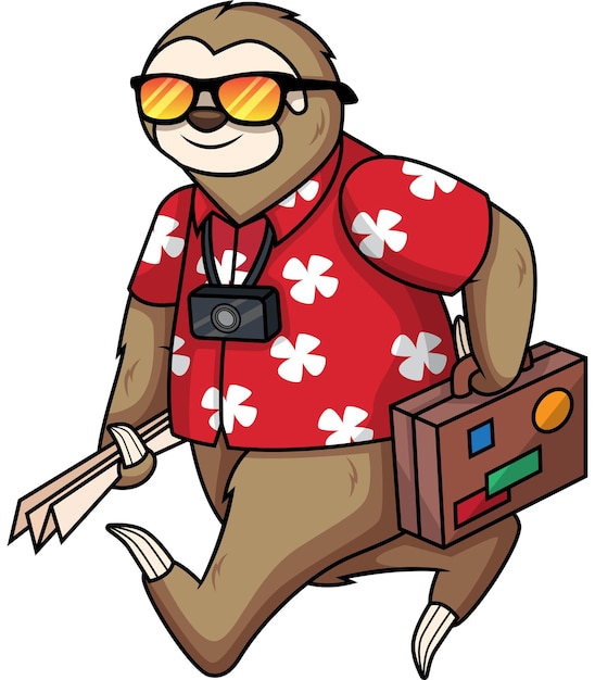 Ilustración vectorial de un turista perezoso de dibujos animados con gafas de sol y una maleta
