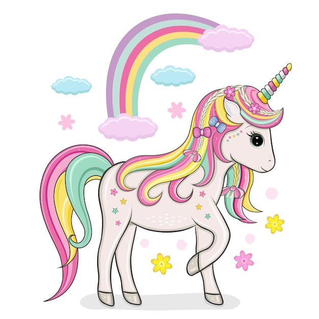 Ilustración vectorial de un unicornio y un arco iris