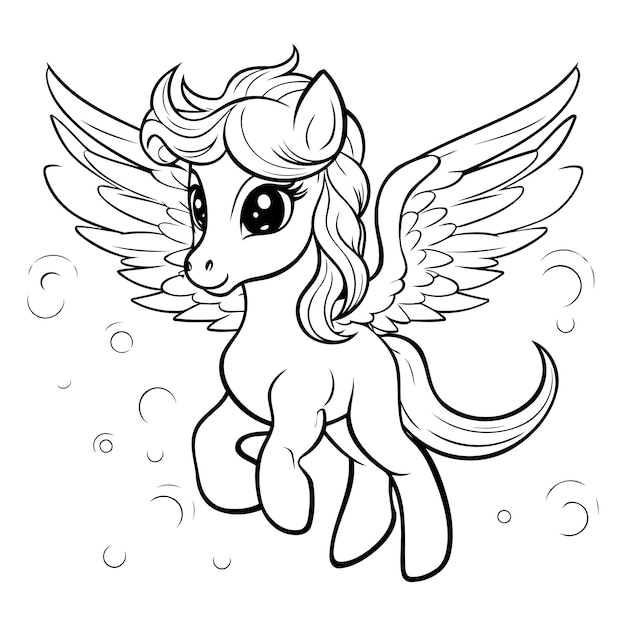 Ilustración vectorial de unicornio en blanco y negro para libro de colorear