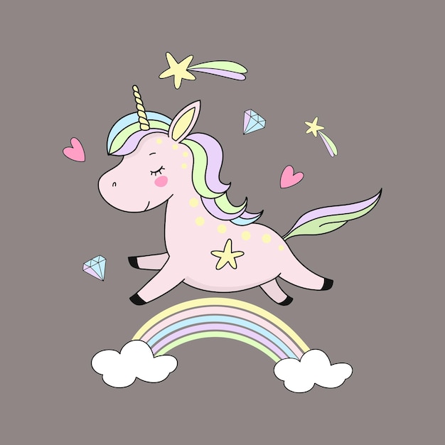 Ilustración vectorial de unicornio rosa en arco iris en estilo de dibujos animados