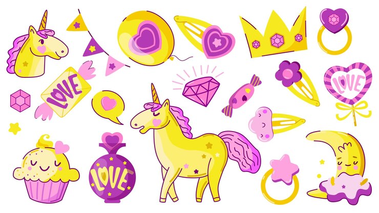 Vector ilustración vectorial de los unicornios y los accesorios de la princesa