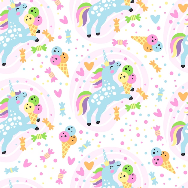Ilustración vectorial de unicornios y caramelos con dibujos sin costuras