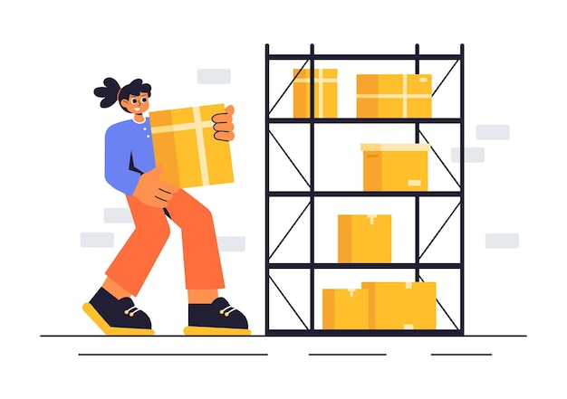 Ilustración vectorial de una unidad de almacenamiento automático con cajas de cartón llenas de artículos no utilizados en un mini almacén o garaje de alquiler con un fondo