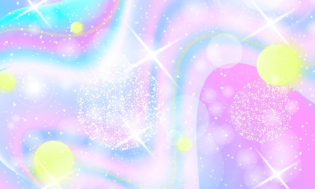 Ilustración vectorial. Universo de fantasía. Fondo de hadas. Estrellas mágicas holográficas. Patrón de unicornio. Fondo de caramelo.