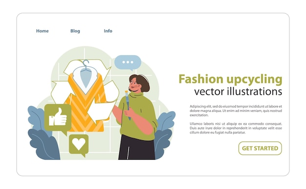 Vector ilustración vectorial de upcycling de moda una persona alegre se involucra con ropa upcycled que representa