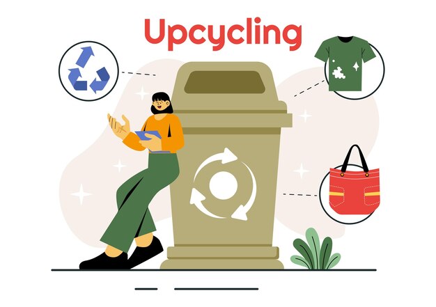 Ilustración vectorial de upcycling que presenta el proceso y las técnicas de reutilización y transformación de residuos en productos valiosos en un fondo de estilo plano