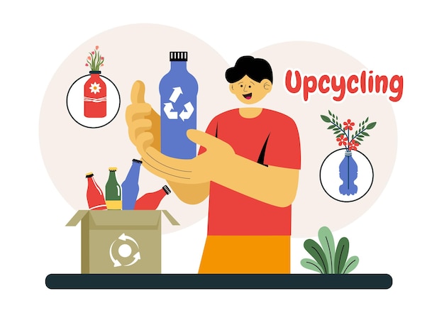Ilustración vectorial de upcycling que presenta el proceso y las técnicas de reutilización y transformación de residuos en productos valiosos en un fondo de estilo plano