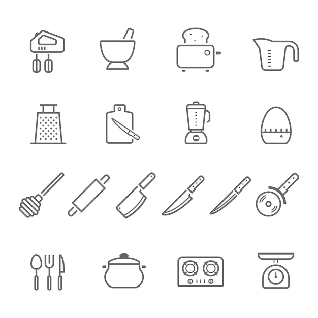 Vector ilustración vectorial de utensilios de cocina y artículos de cocina conjunto de iconos de líneas