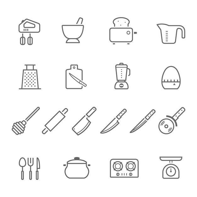 Ilustración vectorial de utensilios de cocina y artículos de cocina Conjunto de iconos de líneas