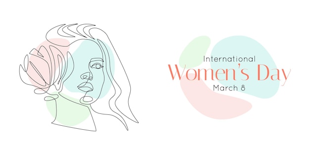 Ilustración vectorial de vacaciones del Día Internacional de la Mujer. Cara de mujer con flor en un dibujo de línea continua. Doodle Retrato femenino en estilo lineal para banner web o tarjeta de felicitación.