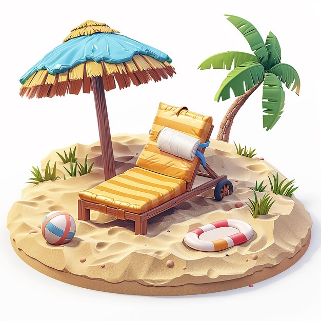 Ilustración vectorial de vacaciones de verano Escena de playa con paraguas y silla de playa estilo de dibujos animados