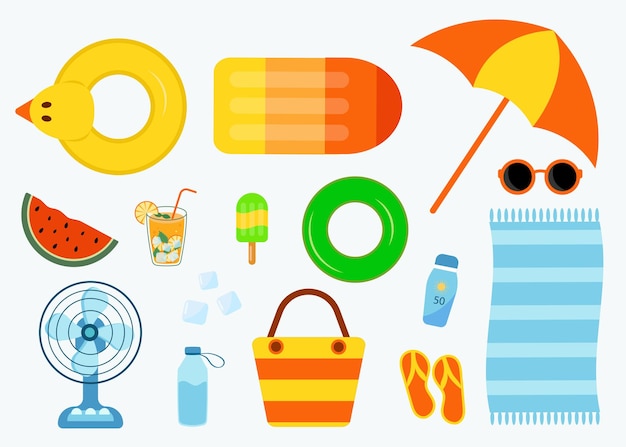 Ilustración vectorial de vacaciones de verano realistas iconos de playa junto al mar conjunto aislado