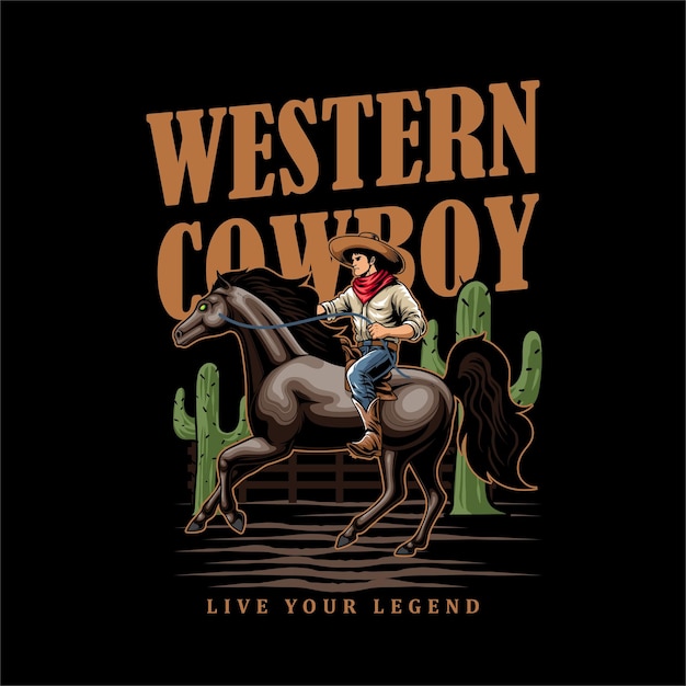 Ilustración vectorial de un vaquero a caballo con una ilustración vintage detallada