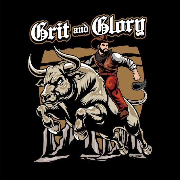 Ilustración vectorial de un vaquero montando un toro con una ilustración vintage disponible para el diseño de camisetas