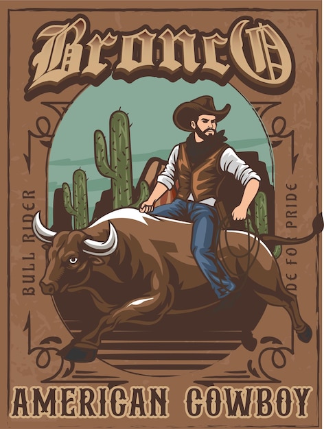 Ilustración vectorial de un vaquero montando un toro con una ilustración vintage disponible para póster