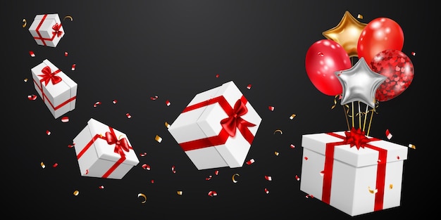 Ilustración vectorial con varias cajas de regalo blancas con cintas rojas y lazos, globos dorados y plateados y pequeñas piezas borrosas de serpentinas sobre fondo negro