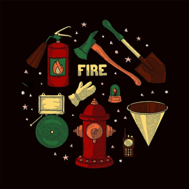 Ilustración vectorial de varias herramientas y equipos profesionales para la lucha contra incendios aislados en la oscuridad