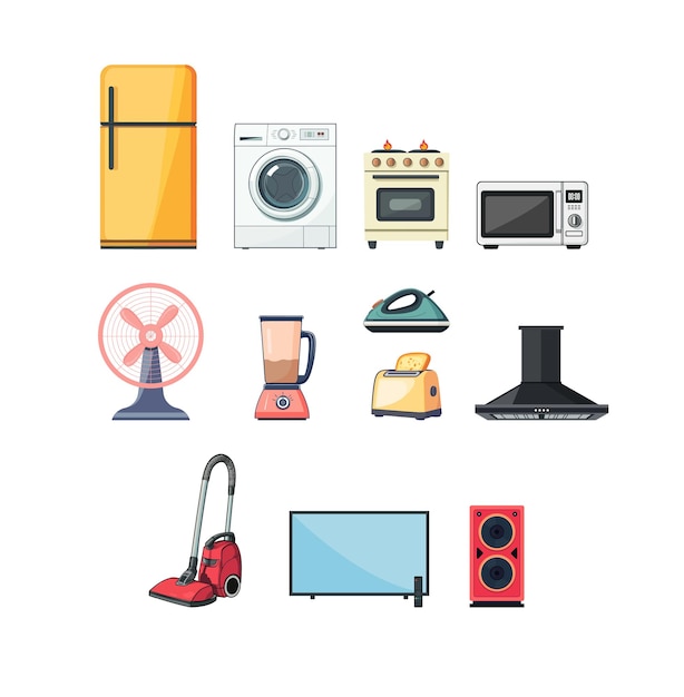 Ilustración vectorial de varios electrodomésticos, incluidos refrigeradores, lavadoras, hornos, etc.