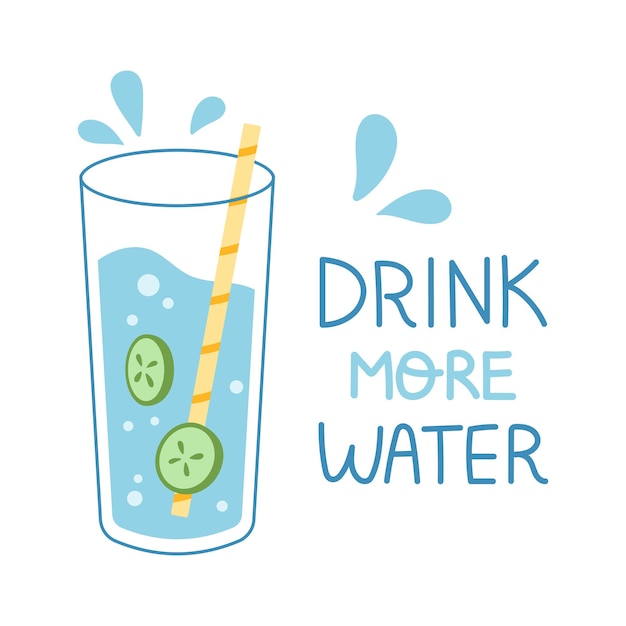 Ilustración vectorial con vaso de agua con rodajas de pepino Gotas de agua Beber más concepto de agua Equilibrio hídrico Diseño de carteles o pancartas Bebida desintoxicante