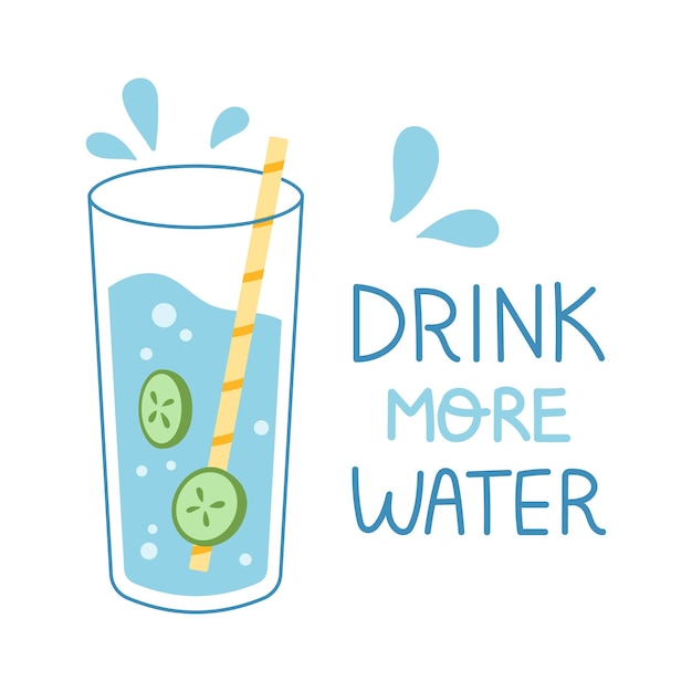 Vector ilustración vectorial con vaso de agua con rodajas de pepino gotas de agua beber más concepto de agua equilibrio hídrico diseño de carteles o pancartas bebida desintoxicante